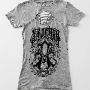 Affliction Grey Silver Beaded Distressed Iconic Steel T-Shirt